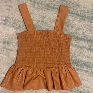 Fab’rik, marcy faux leather smocked peplum blouse, brown